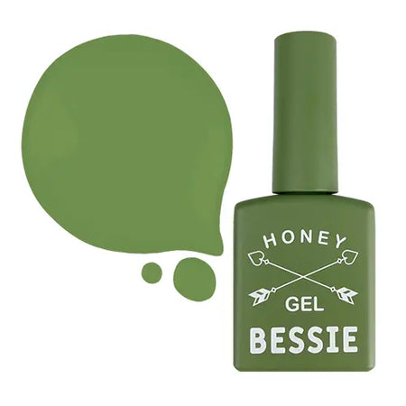 Detailed alt text for the "BESSIE GH13 (11ml)" Shopify product image: A green gel nail polish bottle with the brand name "HONEY" displayed prominently. The bottle is surrounded by circular shapes in a complementary green shade, creating a cohesive and visually appealing composition. This image showcases the extensive Bessie collection of single gel products offered by the brand.