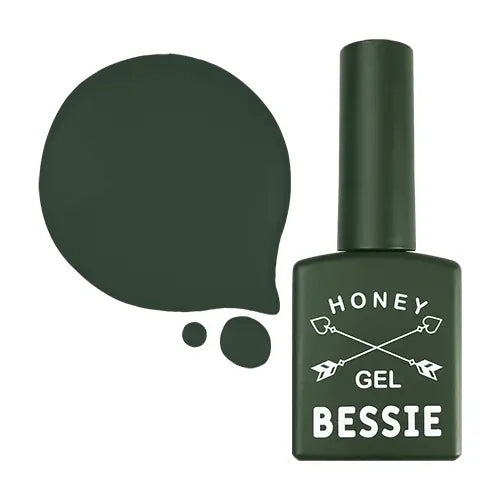 A vibrant dark green nail polish bottle with the brand name 'HONEY' and the product name 'BESSIE GH14 (11ml)' prominently displayed. The product is part of the extensive BESSIE collection of single gels, offering a versatile and high-quality nail care solution.