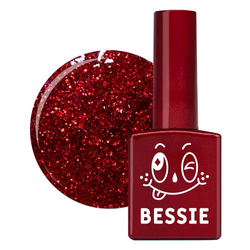 A vivid, sparkly red gel nail polish bottle with the BESSIE brand name and logo prominently displayed, showcasing the rich, vibrant color and high-quality formula of this single gel product from the extensive BESSIE collection.