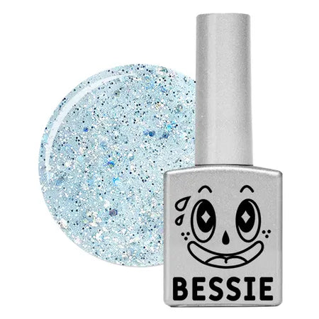 Vibrant and whimsical BESSIE GL15 (11ml) single gel polish product, featuring a mesmerizing, speckled blue-toned color and playful brand iconography. This item is part of the extensive BESSIE collection, offering a wide range of high-quality, long-lasting nail care solutions for the discerning consumer.