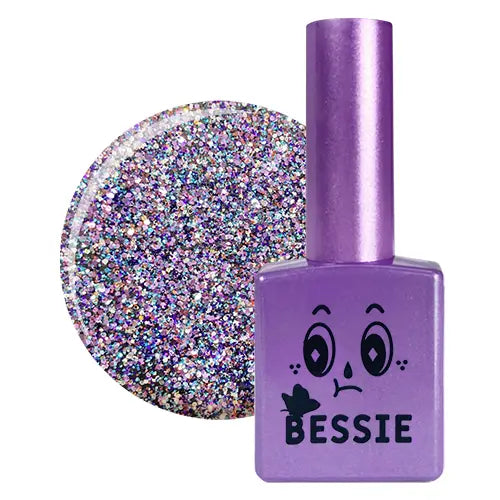 Vibrant purple nail polish bottle with glittering nail polish, showcasing the BESSIE brand name and logo. This single gel nail polish provides a unique and eye-catching look, perfect for adding a touch of glamour to any manicure.