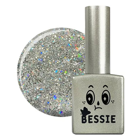 Elegant and eye-catching single gel polish from the premium BESSIE collection, featuring a stunning silver metallic finish with a touch of holographic sparkle that adds depth and dimension to your nails.