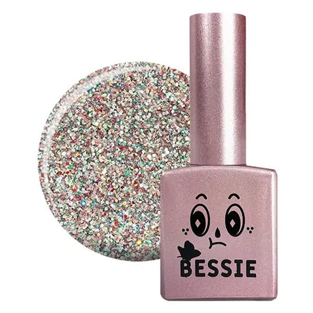 The image shows a bottle of the BESSIE GL23 (11ml) single gel product from the BESSIE collection, featuring a colorful, glitter-filled gel and a pink bottle with a cute graphic design. The alt text for this image could be: "A vibrant BESSIE single gel cosmetic product in the shade GL23, showcasing a shimmering, multi-colored gel formula in a sleek, pink bottle adorned with a playful graphic design.