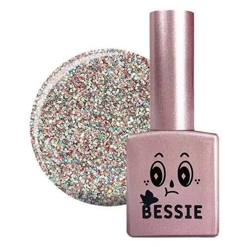 The image shows a bottle of the BESSIE GL23 (11ml) single gel product from the BESSIE collection, featuring a colorful, glitter-filled gel and a pink bottle with a cute graphic design. The alt text for this image could be: "A vibrant BESSIE single gel cosmetic product in the shade GL23, showcasing a shimmering, multi-colored gel formula in a sleek, pink bottle adorned with a playful graphic design.