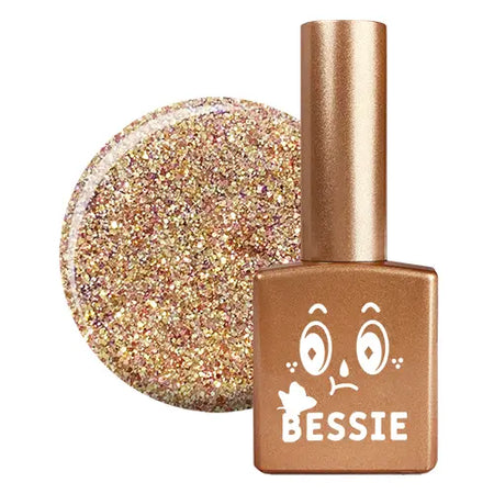 The Bessie GL24 (11ml) product image depicts a gold-colored nail polish bottle with a glittering round nail polish bottle cap. The Bessie brand logo is prominently displayed on the bottle, showcasing the brand's whimsical and eye-catching design. This image effectively highlights the Bessie product's unique and visually appealing aesthetics, making it an attractive option for customers seeking high-quality, stylish nail care solutions.