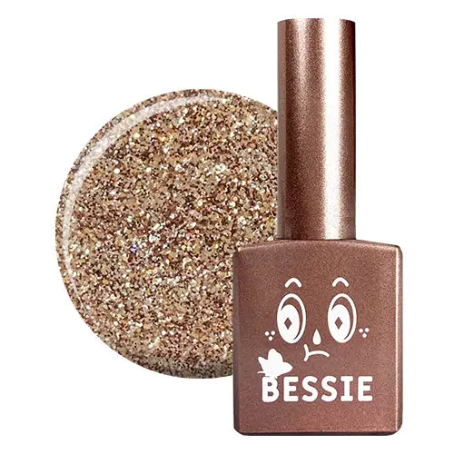 The image shows the BESSIE GL25 (11ml) Shopify product, which is a single gel from the extensive BESSIE collection. The alt text for this image could be: "BESSIE GL25 (11ml) - A shimmering, gel-based nail polish from the BESSIE brand, featuring a copper-colored glittery finish that adds a touch of glamour to any manicure.