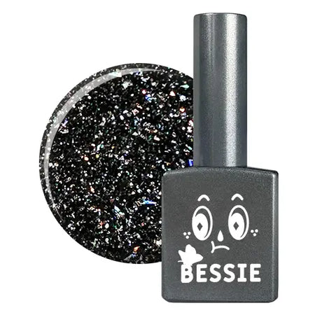 Elegant and iridescent Bessie GL26 (11ml) gel polish, featuring a captivating black glitter finish that adds a touch of glamour to any manicure. This single gel from the extensive Bessie collection is perfect for creating a sophisticated and eye-catching look.