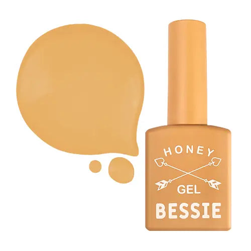 A vibrant, honey-colored gel nail polish bottle with the brand name "BESSIE" prominently displayed. The bottle is showcased against a matching amber-toned background, creating a cohesive and visually appealing product representation.