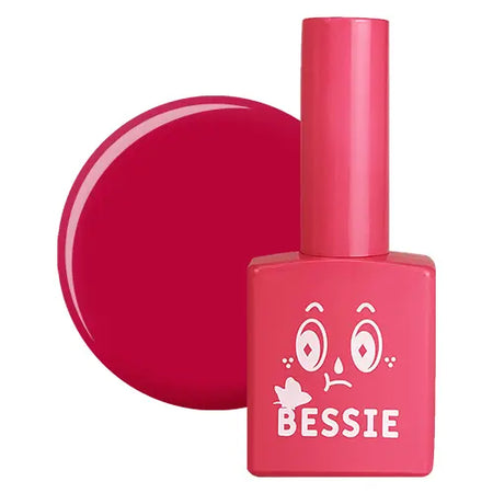 Vibrant coral-colored nail polish bottle with the brand name "BESSIE" prominently displayed. The bottle features a stylized graphic design, creating an eye-catching and visually appealing product for Shopify customers seeking the latest in high-quality, on-trend beauty solutions from the renowned BESSIE collection.