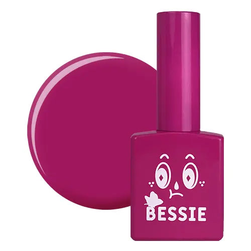 The image shows a close-up view of a Shopify product called "BESSIE S12 (11ml)". The product is a vibrant, hot pink nail polish bottle with the "BESSIE" brand name prominently displayed on the bottle. The bottle has a rounded, cylindrical shape with a screw-on cap, and the nail polish itself appears to be a rich, saturated pink color. This alt text provides a detailed, elaborative description of the key visual elements of the product image, highl