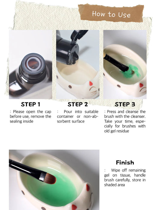 ALT Text: A detailed set of instructions on how to use the BEVLAH Brush Cleanser (50ml) product. The step-by-step guide covers opening the cap, pouring the cleanser, pressing and cleaning the brush, and wiping off the remaining gel. The images provide visual cues to accompany the written instructions, showcasing the product and its application.