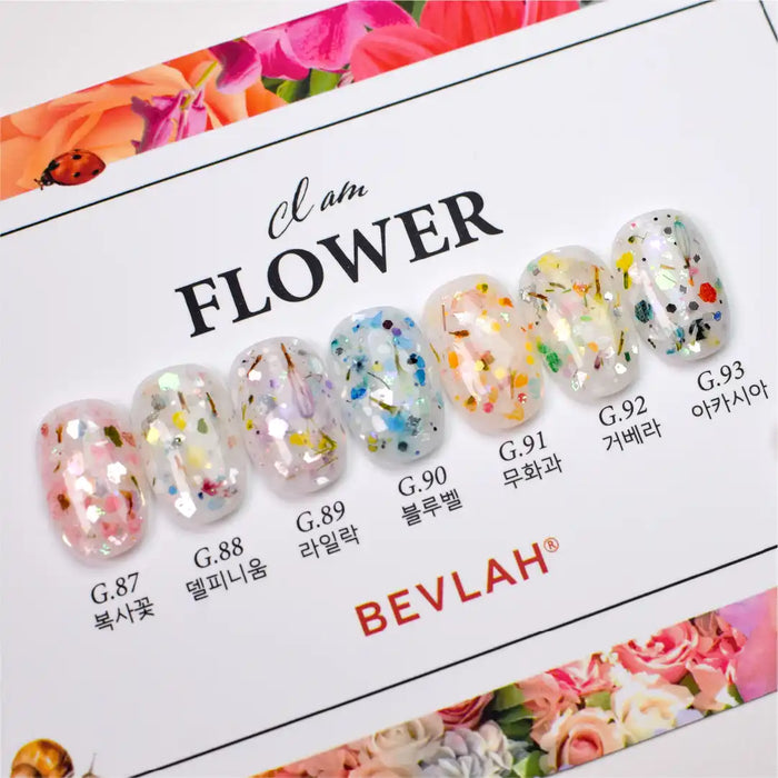 Captivating and vibrant floral nail art displayed in a Shopify product image for BEVLAH I Am Flower, showcasing a diverse array of colorful, sparkling nail gel designs inspired by the perfect blend of over 70 real flowers and glitters. The size, shape, type, and quantity of flowers may vary in each product, creating a unique and dazzling look.