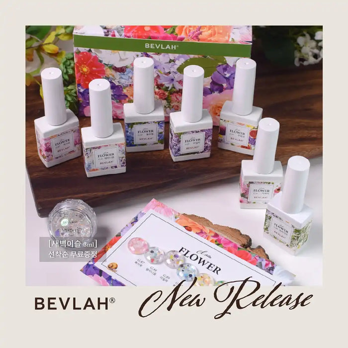 Vibrant, multi-hued floral collection celebrating the artistry of natural blooms, showcasing a variety of flower gels and an exclusive "Dawn Dew" product from the renowned BEVLAH brand, delivering a captivating and luxurious petal-inspired experience.