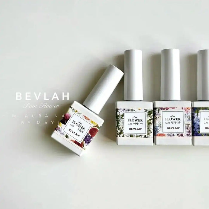 Dazzling and moist floral nail gel collection from BEVLAH, featuring a blend of over 70 real flowers and glitters. Varied in size, shape, and type, each product in this Petal Collection is uniquely crafted, containing 7 flower gels and 1 free dawn dew part, all formulated to be Hema and 13 Free.