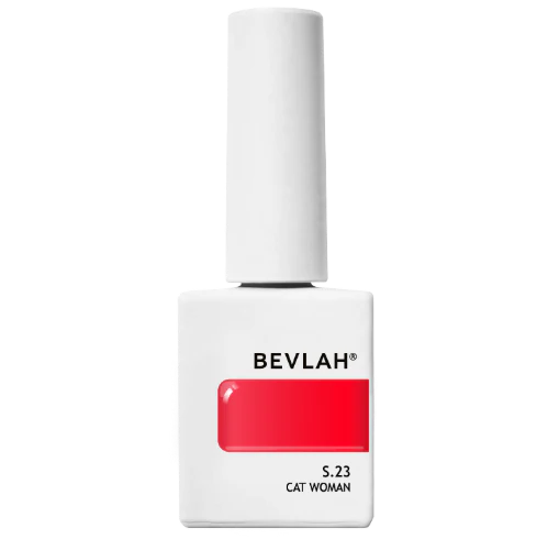 BEVLAH Crazy Red gel polish bottle displaying vibrant red color swatch, labeled S.23 Cat Woman. White bottle with brand name prominently featured. Long-lasting, HEMA-free formula for brilliant, buildable red nails.