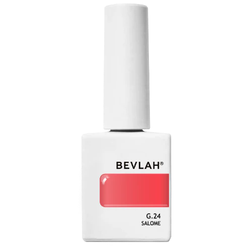 BEVLAH Crazy Red G.24 Salome gel nail polish bottle with bright coral-red color swatch, showcasing vibrant, sheer, and buildable formula in a sleek white container, perfect for creating stunning manicures with HEMA-free, quick-drying gel polish