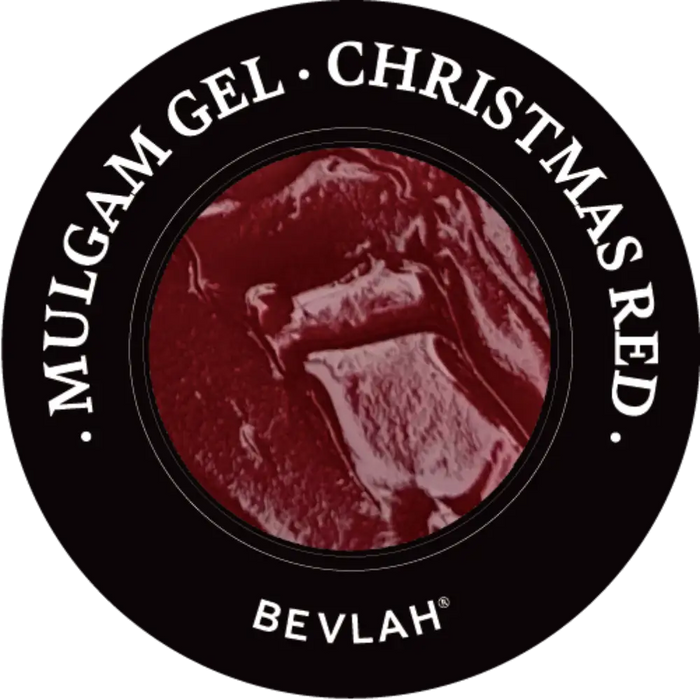 Circular product image showcasing BEVLAH Mulgam Gel Series 1 in Christmas Red color. The gel's 3D textured surface is visible in a central circle, surrounded by black rim with white text displaying product and brand name.