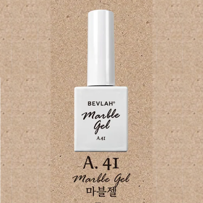 BEVLAH Marble Gel A.41 nail polish bottle on beige background, showcasing product label and Korean text. Elegant white packaging design for premium gemstone-inspired nail art collection.