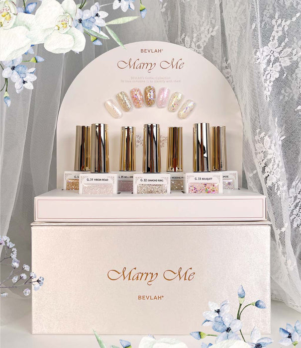 Elegant and enchanting glitter gels from the BEVLAH Marry Me collection, featuring a dazzling display showcasing the exquisite nail polish shades designed to add a touch of romance and sophistication to your manicure.