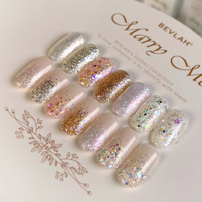 Elegant and captivating glitter nail polish set, featuring an array of shimmering shades to add a touch of romance and enchantment to your nails. The BEVLAH Marry Me collection offers a dazzling array of formulas that are free of harmful ingredients, with a quick-drying and scent-free formula for a stunning and long-lasting manicure.