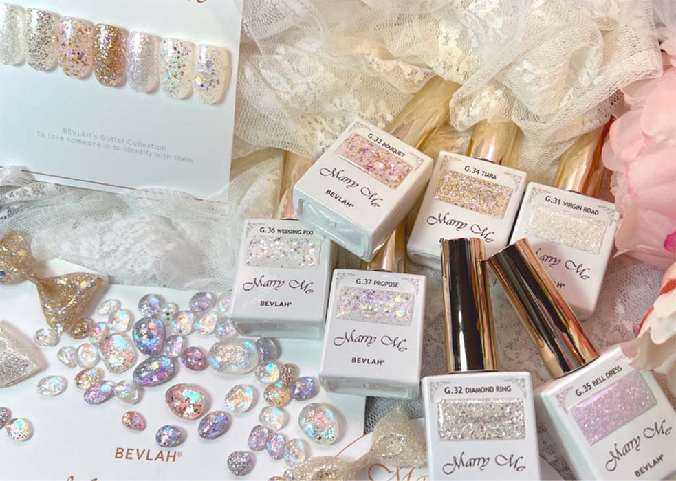 Enchanting manicure products showcase: Glittering BEVLAH "Marry Me" nail gels in a romantic, elegant collection. Showcasing the brand's high-quality, HEMA-free, quick-drying, and scent-free formulations, designed to provide a captivating, confident look for the modern woman.