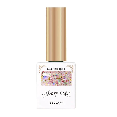 Enchanting BEVLAH Marry Me glitter gel nail polish bottle with dazzling floral motifs, reflecting the romantic and elegant aesthetic of this premium Shopify product collection.