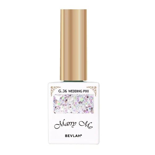 Enchanting glitter nail gel in a romantic and elegant design, part of the BEVLAH Marry Me collection, offering a dazzling and captivating look for your nails in just one coat, with a HEMA-free and quick-drying formula for a safe and convenient manicure experience.