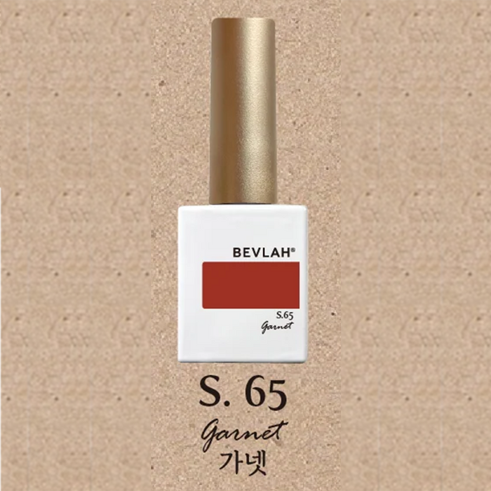 BEVLAH nail polish bottle in white packaging with gold cap, featuring shade S.65 Garnet. Label displays color swatch and product name in English and Korean on textured beige background.