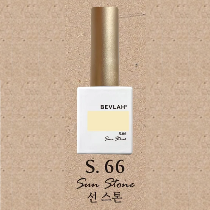 Elegant BEVLAH nail polish bottle labeled S.66 Sun Stone, featuring a soft yellow color swatch on white background. Golden cap and product name prominently displayed, with Korean text below. Luxurious gemstone-inspired nail art collection for creating stunning marble effects.