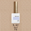 BEVLAH nail polish bottle S.67 Opal shade, featuring a square white base with gold cap, displayed on a textured beige background. Product label clearly visible with color name in English and Korean.