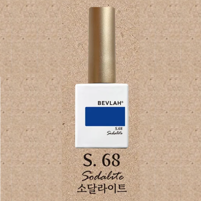 BEVLAH nail polish bottle S.68 Sodalite, featuring a vibrant blue color swatch on a white label, with gold cap and product details in English and Korean, displayed on a textured beige background