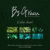 Color chart for the 'By Green' collection by BY MUSE, displaying six green-inspired images representing different shades, including peas, ferns, leaves, emerald crystals, and a forest, set against a dark green background.