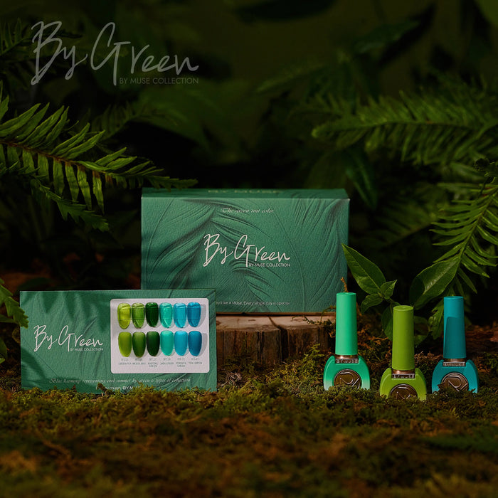 A panoramic layout featuring detailed shots of the "By Green" collection nail swatches, arranged over large green leaves, capturing the full spectrum of greens in the collection.