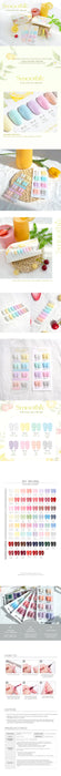 A vertical display featuring multiple images of the Smoothie Fresh Pastel Tone Collection. The top section shows various colorful gel polishes arranged beside a wicker basket with a bottle of yellow nail polish and a slice of lemon, emphasizing the vibrant, summer-inspired palette. Below, nail swatches are presented against a bright background, displaying a wide range of colors. The image transitions into product boxes and detailed swatch charts showcasing over 50 shades, followed by usage instructions. The