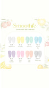 Smoothie Fresh Pastel Tone Collection color chart featuring eight shades: BS.41 White Sand, BS.42 Forsythia, BS.43 Surf Crest, BS.44 Powder Blue, BS.45 Light Lavender, BS.46 Pink Lace, BS.47 Tuft Bush, and BS.48 Shape Gray. Each shade is displayed with a swatch of pastel gel polish