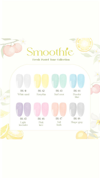 Smoothie Fresh Pastel Tone Collection color chart featuring eight shades: BS.41 White Sand, BS.42 Forsythia, BS.43 Surf Crest, BS.44 Powder Blue, BS.45 Light Lavender, BS.46 Pink Lace, BS.47 Tuft Bush, and BS.48 Shape Gray. Each shade is displayed with a swatch of pastel gel polish