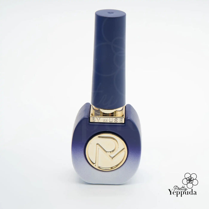 A navy blue, sleekly designed nail polish bottle with a gold logo and trim, showcasing the "By Muse" brand's 40-piece syrup gel collection featuring 32 syrup gels and 8 tinted syrups that are HEMA-free and can be cured under 60s UV/LED light.