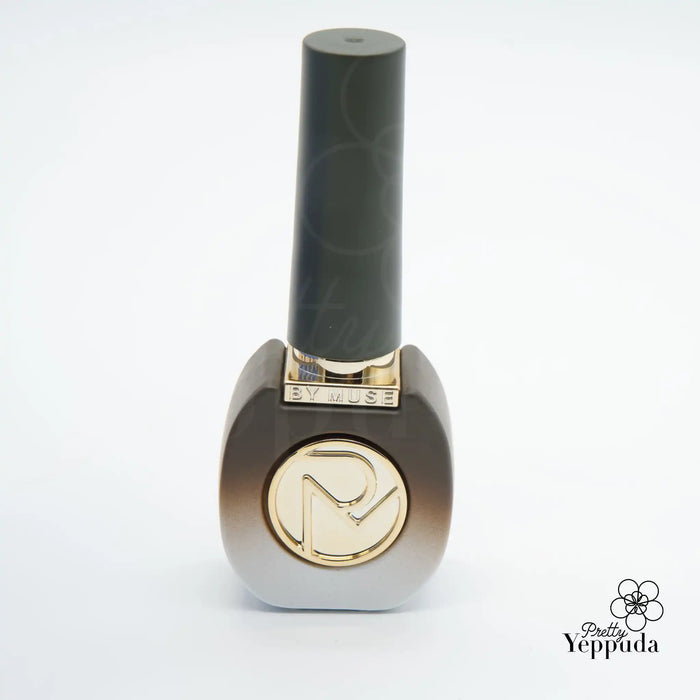 Elegant, modern nail polish bottle in metallic hues with brand logo, showcasing the ByMuse nail gel collection featuring 32 syrup gels and 8 tinted syrups.