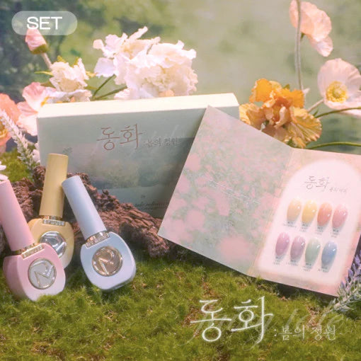 Enchanting spring florals and pastel nail polish products from the Fairy Tale collection by By Muse, showcasing the brand's nature-inspired, whimsical aesthetic. The image highlights the collection's dreamy colors and delicate, romantic packaging design, captivating the viewer with the magical allure of the Fairy Tale theme.