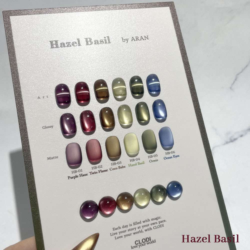 CLODI Hazel Basil by Aran six-colour cat-eye gel swatches in art, glossy and matte looks