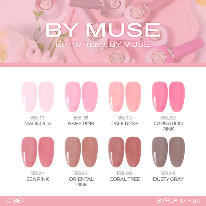 Elegant and vibrant nail polish collection by ByMuse featuring a range of muted pink, coral, and neutral tones - a versatile set of 40 pieces including syrup gels and tinted syrups for a natural, long-lasting manicure.