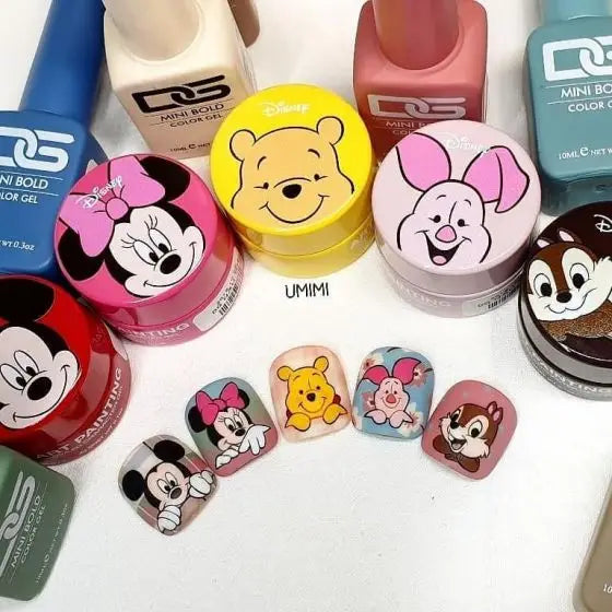 Artistic Disney character painting gels in vibrant colors including Mickey Mouse, Minnie Mouse, Pooh, Piglet, Chip & Dale, and others, showcasing the DGEL Disney Art Painting Gel Collection.