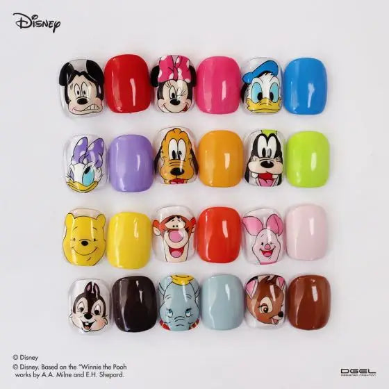 Colorful Disney-inspired nail painting gel collection featuring iconic characters such as Mickey Mouse, Minnie Mouse, Donald Duck, Daisy Duck, Winnie the Pooh, Tigger, Piglet, Chip and Dale, Bambi, and Dumbo. The smooth, high-pigment gels allow for detailed designs and full-coverage color application.