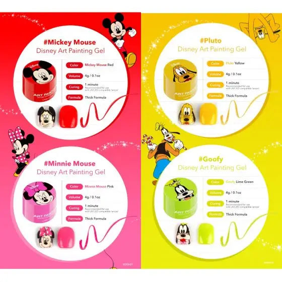 Detailed image showcasing the DGEL Disney Art Painting Gel Collection, featuring 12 iconic painting gels inspired by beloved Disney characters like Mickey Mouse, Minnie Mouse, Pluto, and Goofy. The image highlights the vibrant colors and smooth texture of these gels, which can be used for intricate art projects or full-color applications. This high-quality, Disney-themed gel collection is a must-have for artists and Disney enthusiasts alike.