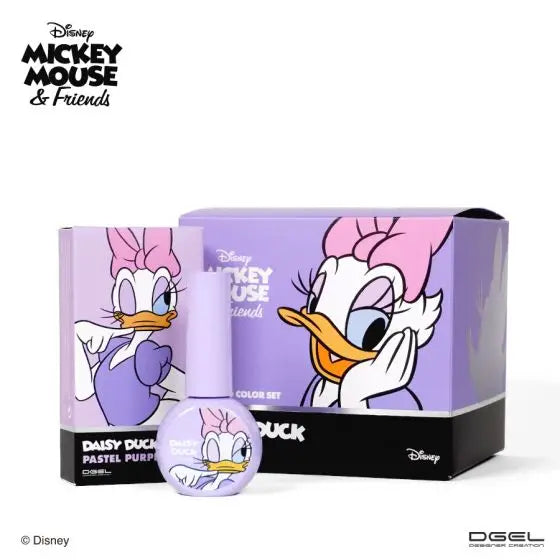 Detailed image of the DGEL Disney Daisy Duck Collection 10-piece set, featuring a variety of pastel gel polish colors inspired by the iconic Disney character Daisy Duck. The set includes bottles of cream, yellow, green, blue, purple, pink, and peach shades, with a smooth and opaque formula that is 14-free and HEMA-free.