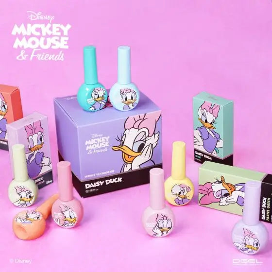 Colorful Daisy Duck-themed gel nail polish collection, featuring 10 pastel shades inspired by the beloved Disney character. The image showcases the product packaging and bottles, highlighting the buildable formula, opaque finish, and HEMA-free, 14-free formula. This vibrant and whimsical collection is perfect for fans of Disney and pastel nail colors.