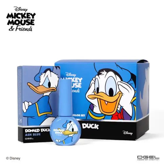 The image showcases the DGEL Disney Donald Duck Collection, featuring 10 different cool shades of gel polish colors inspired by the iconic Disney character. The gel polish set offers an opaque and smooth application, with a 14-free and HEMA-free formula. The collection includes colors like Beige, Ash Rose, Ash Khaki, Ash Pink, Ash Gray, Ash Sky, Rose, Ash Blue, Ash Brown, and White.