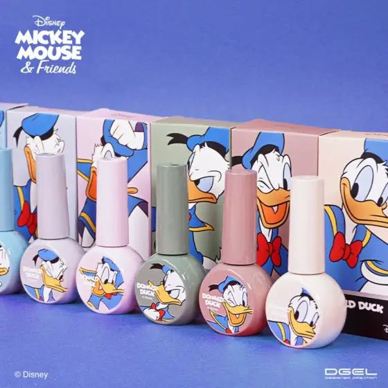 A vibrant collection of Disney's iconic Donald Duck characters adorns these colorful gel nail polish bottles, offering a diverse range of shades from beige to ash sky blue. The smooth, opaque formula and buildable coverage make this DGEL Disney Donald Duck Collection an appealing choice for Disney enthusiasts and nail art aficionados alike.