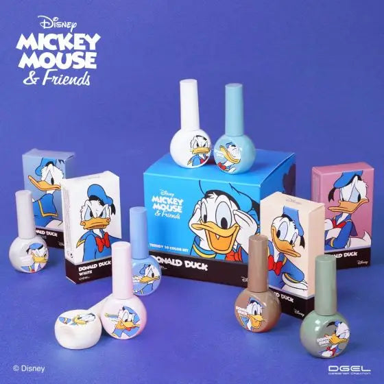 10 vibrant, colorful gel nail polish bottles showcasing the iconic Disney character Donald Duck, along with Donald Duck-themed packaging and product labels. The assortment of pastel, earthy, and neutral shades provides a versatile range of options for nail enthusiasts who are fans of the beloved Disney character. The image highlights the high-quality, HEMA-free formula and smooth, opaque finish of this DGEL Disney Donald Duck collection.