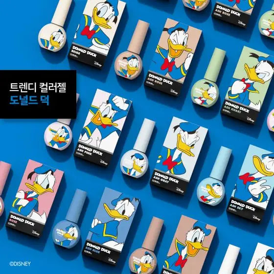 Colorful gel polish bottles featuring the iconic Disney character Donald Duck, showcasing a variety of shades inspired by the beloved duck's personality and style. The collection offers a buildable, opaque formula for a smooth application and a 14-free, HEMA-free formulation.